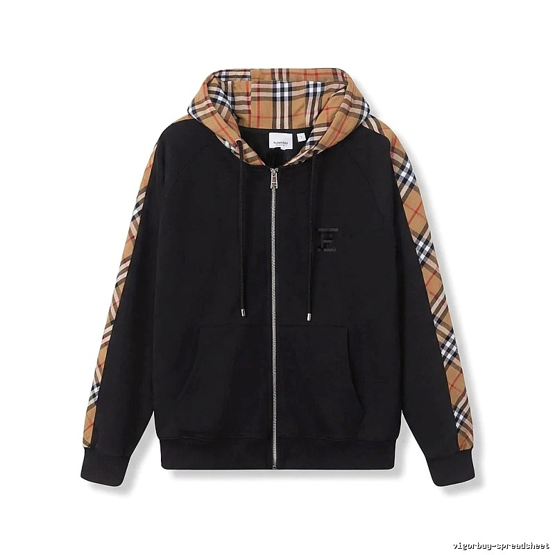 Burberry checkered pattern spliced black hoodie