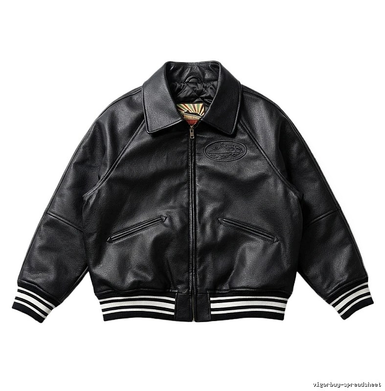 Corteiz baseball-style black leather jacket