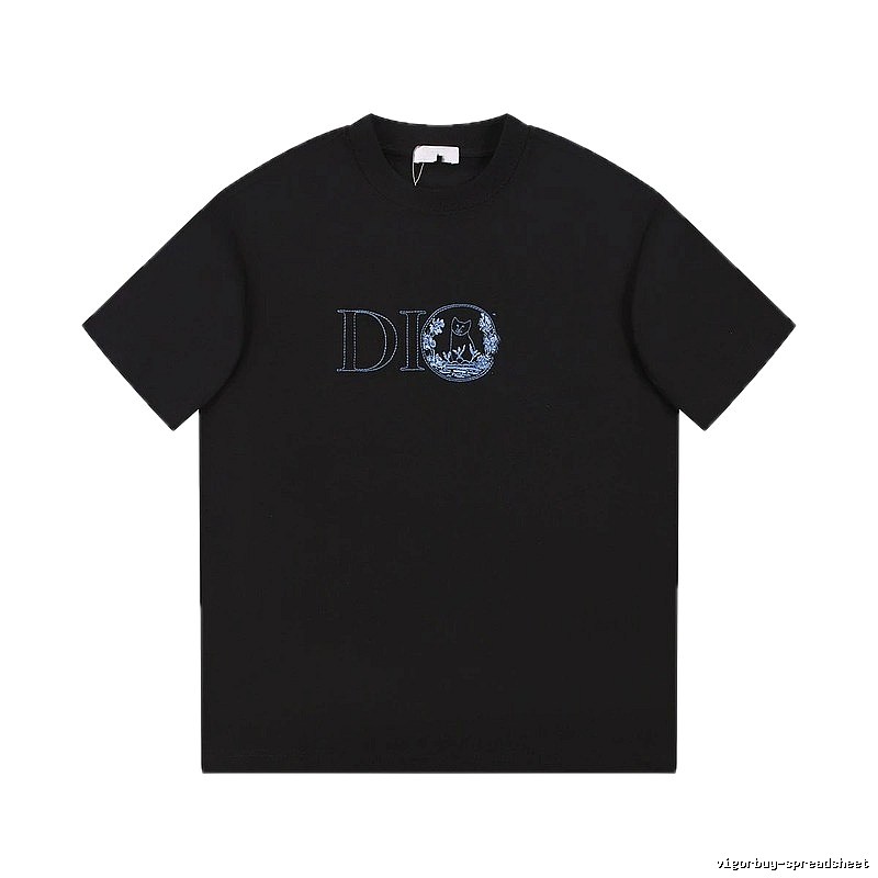 Dior Cat-Embroidered Casual Black T-Shirt