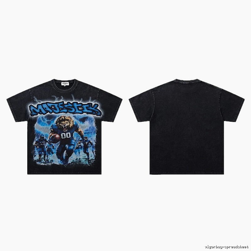 MAJESTIK Lion Head Rugby American Retro Black T-Shirt