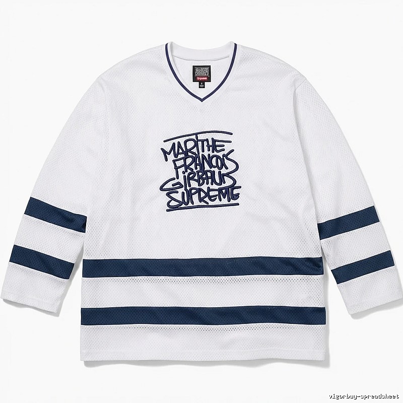 Supreme graffiti-style white and blue jersey