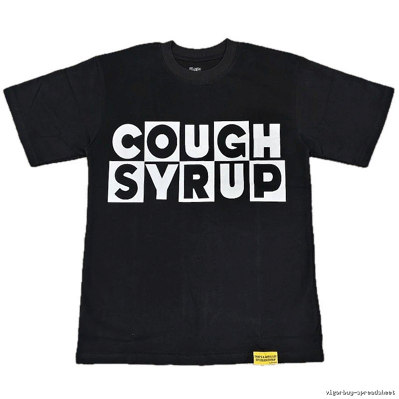 Black street-style short-sleeve T-shirt with COUGH SYRUP print