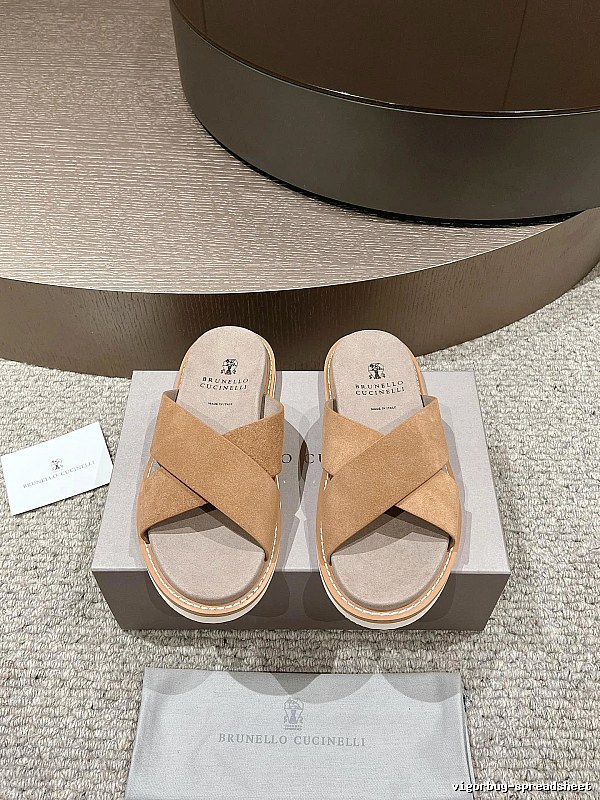 Brunello Cucinelli Casual-style Camel Cross-strap Slide Sandals