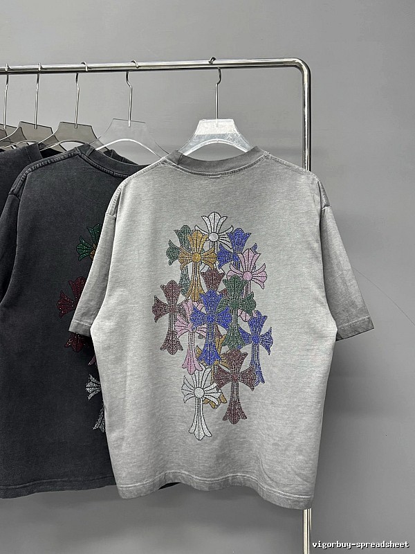 Chrome Hearts Cross Hot-Fix Rhinestone Street Style Light Grey T-Shirt