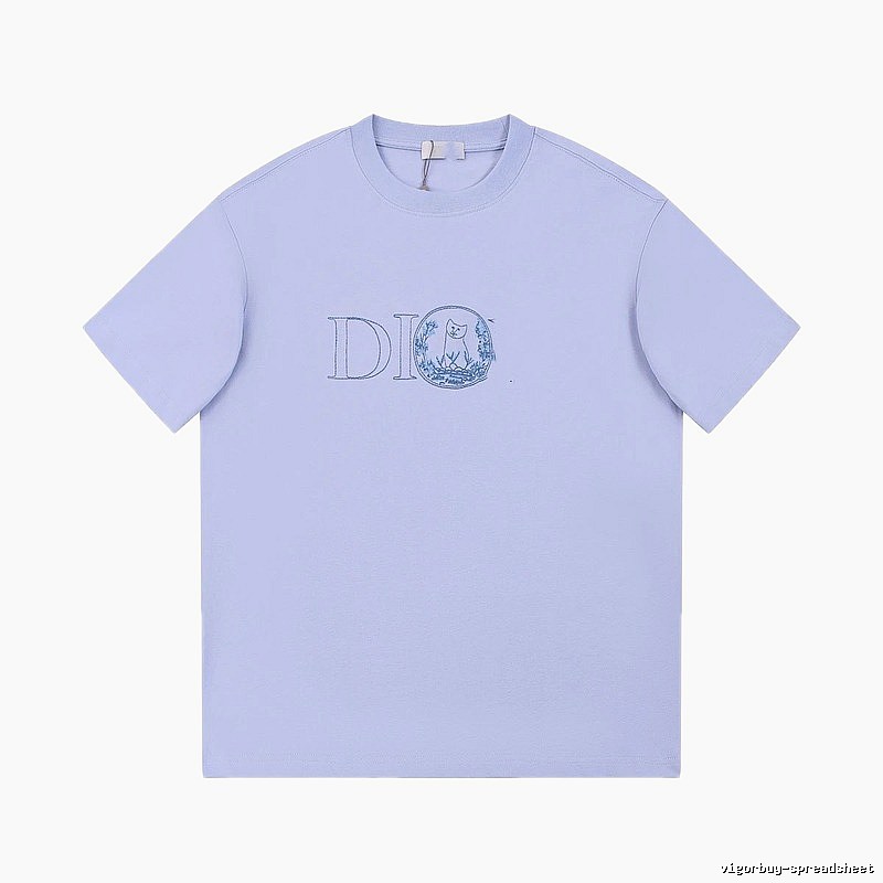Dior Cat-Embroidered Casual Light Purple Short-sleeve T-Shirt
