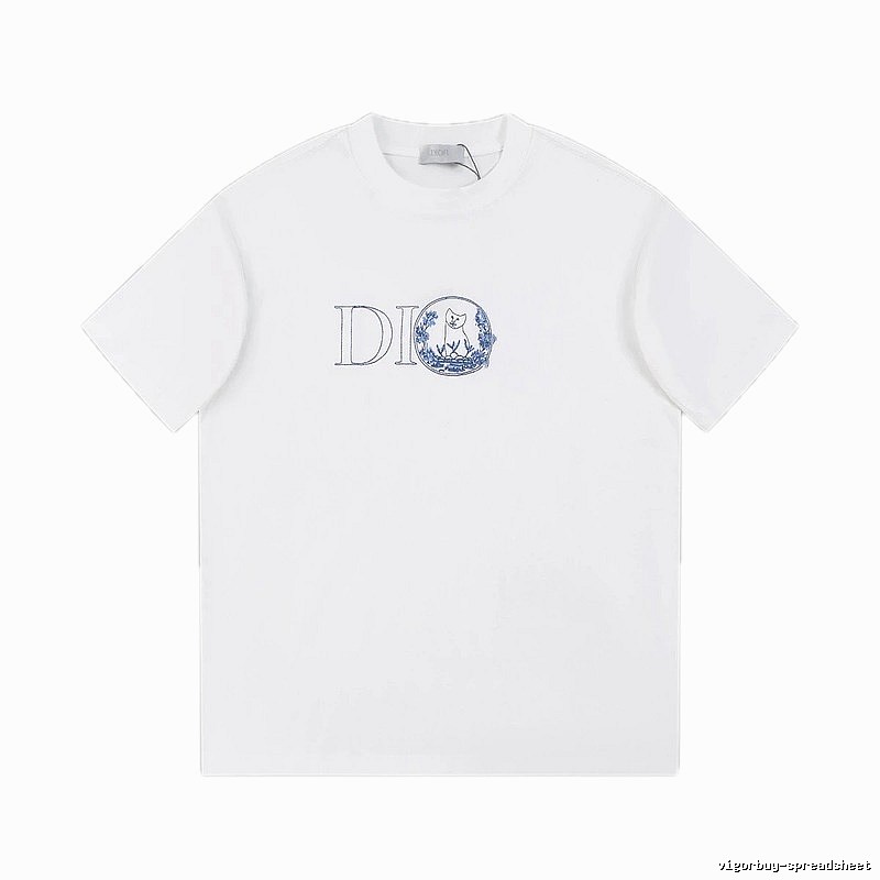 Dior Cat-Embroidered Light Luxury Style White Short-sleeve T-shirt