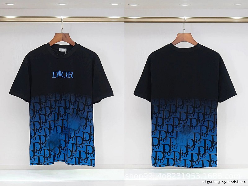 Dior Classic Monogram Trendy Style Black-Blue Gradient T-Shirt