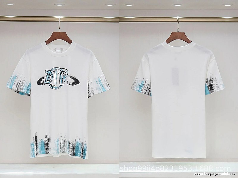 Dior Graffiti Collection Street Style White and Blue Short-sleeve T-shirt
