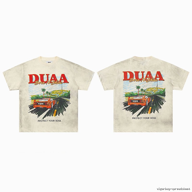 DUAA Sports Car Print American Retro Off-white Short Sleeve T-Shirt