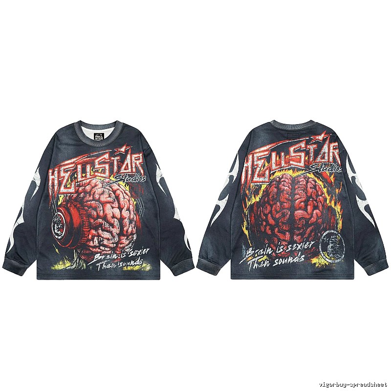 Hellstar Brain Print Street Style Charcoal Black Long-Sleeve T-Shirt