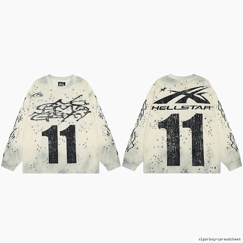 Hellstar No.11 Distressed Street Style Off-white Long Sleeve T-shirt