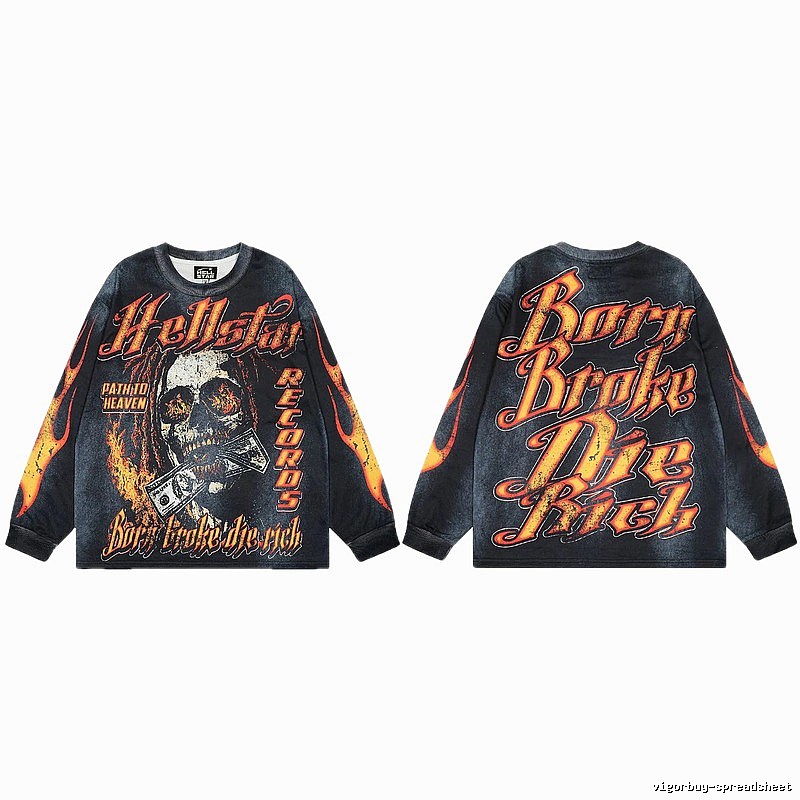 Hellstar Skull Flame Street Style Black & Orange Long Sleeve T-Shirt