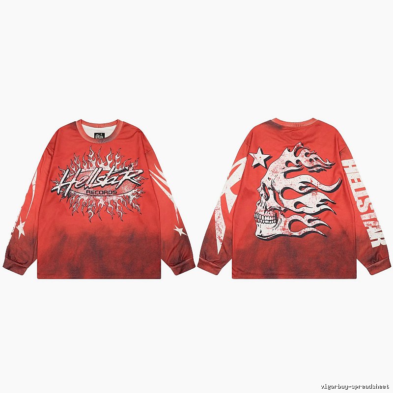 Hellstar Skull Flame Street Style Red Long Sleeve T-shirt