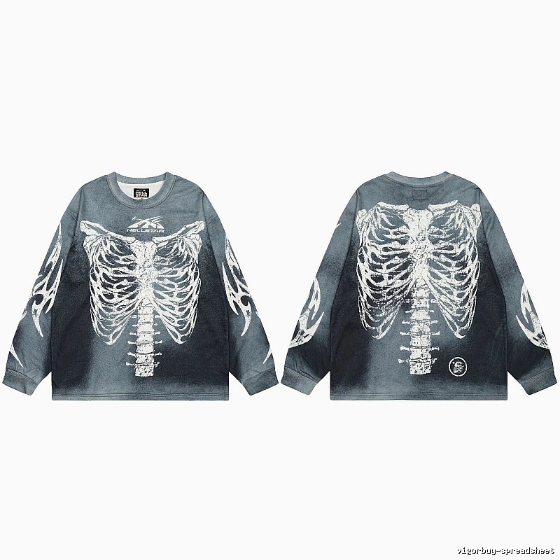 Hellstar Skull Print Street Style Vintage Grey Long Sleeve T-shirt