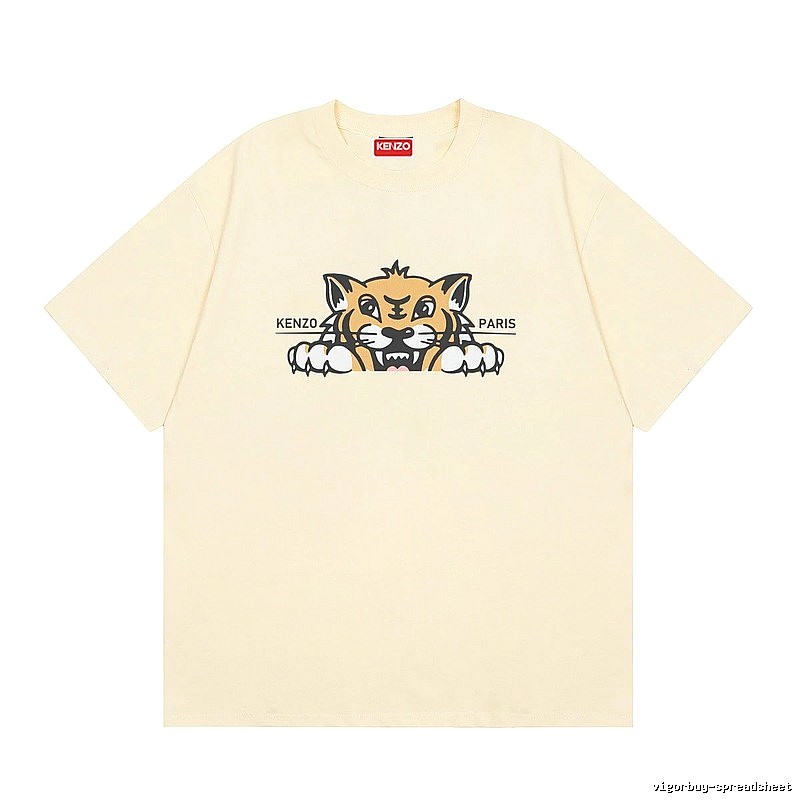 KENZO Tiger Head Print Streetwear Style Beige Short Sleeve T-Shirt