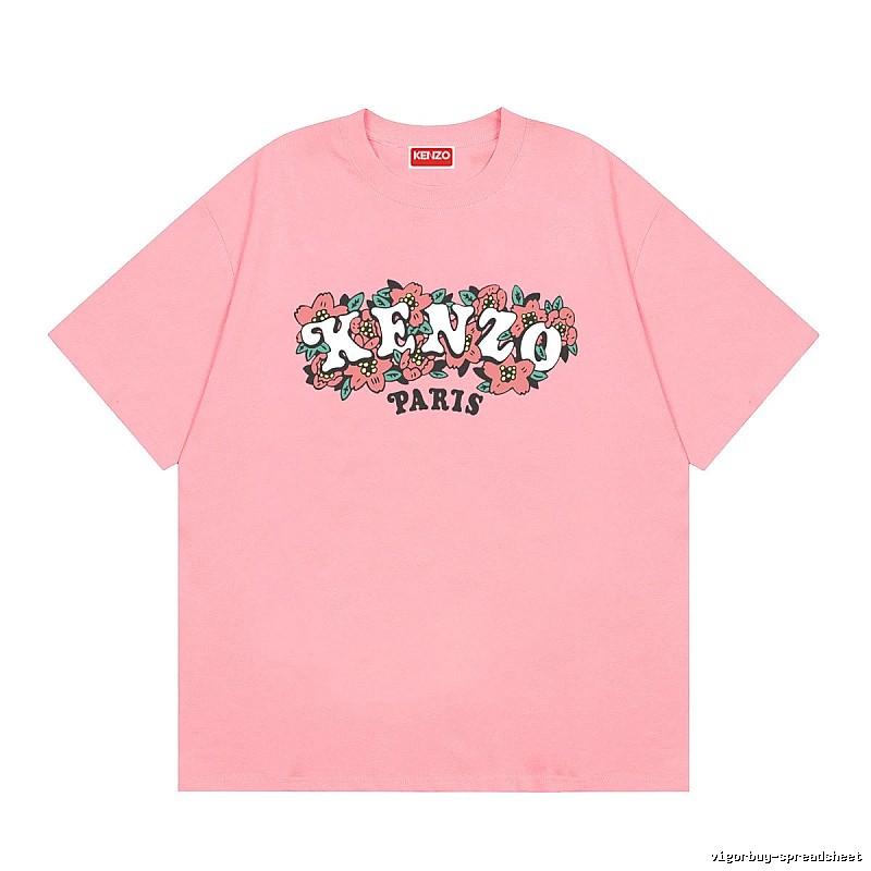 KENZO Trendy Pink Floral Print Short Sleeve T-shirt