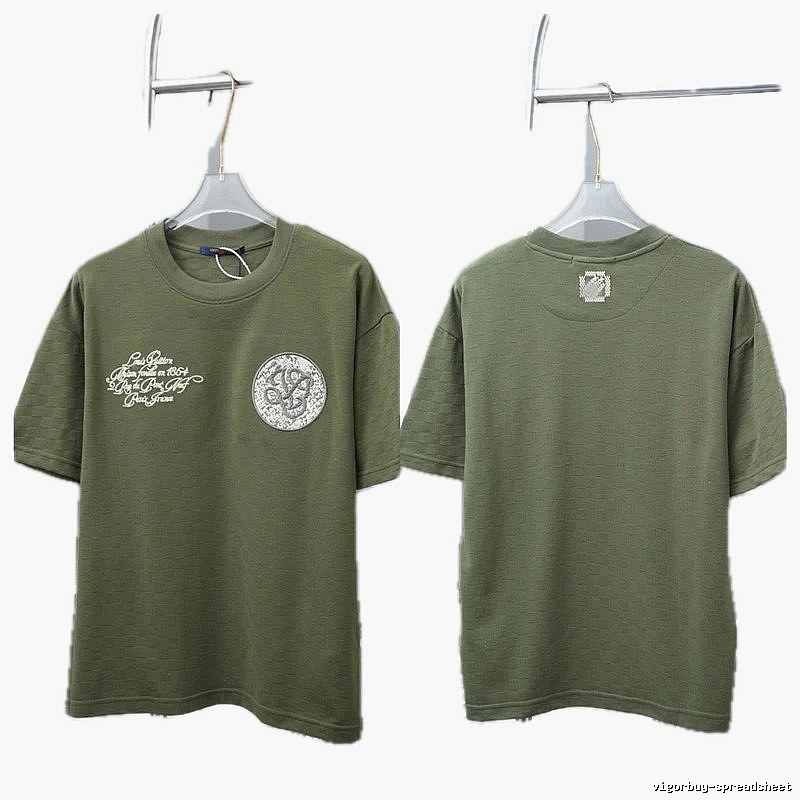 Louis Vuitton Embroidered Badge Casual Style Army Green T-Shirt
