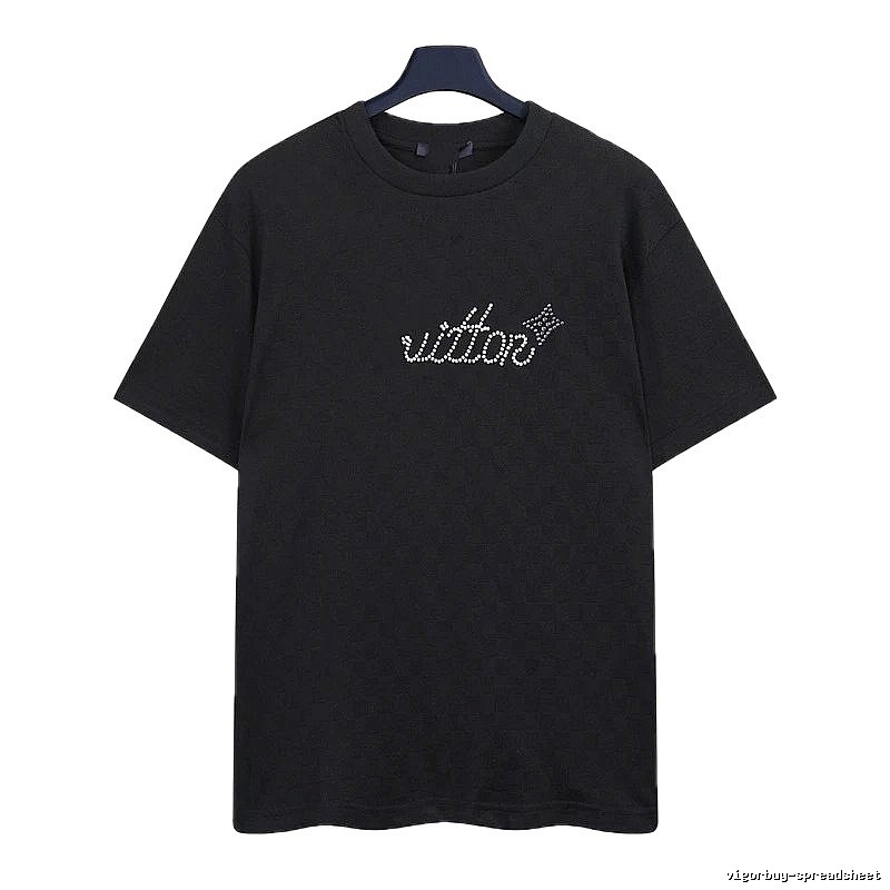Louis Vuitton Rhinestone-embellished Streetwear Style Black Short-sleeve T-shirt