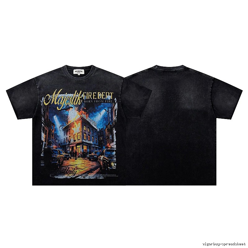 MAJESTIK Fire Department Vintage Distressed Black Printed T-shirt
