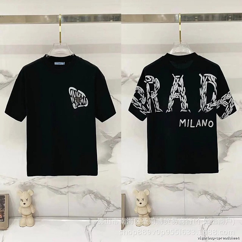 Prada Embroidered Streetwear Style Black Short-sleeve T-shirt