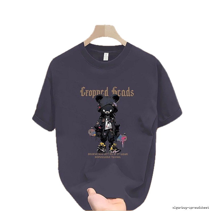Streetwear Brand Dark Grey Street-style Short Sleeve T-shirt with Bear Print