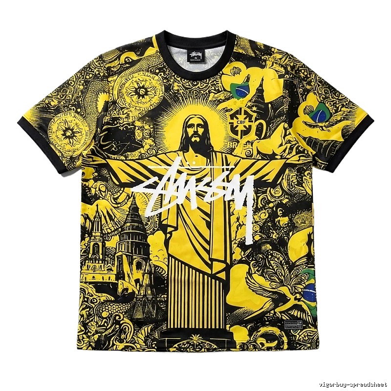 Stussy's religious-style yellow and black short-sleeve T-shirt