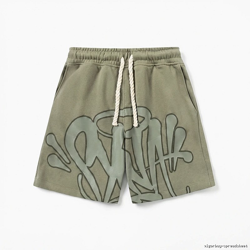 SynaWorld graffiti-style military green shorts
